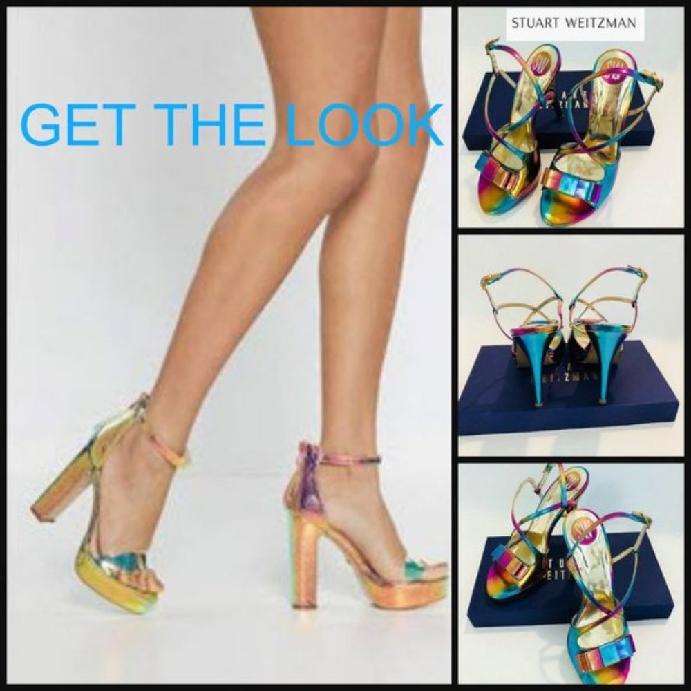 STUART WEITZMAN | Ankle strap neon metallic patent leather platform high heel